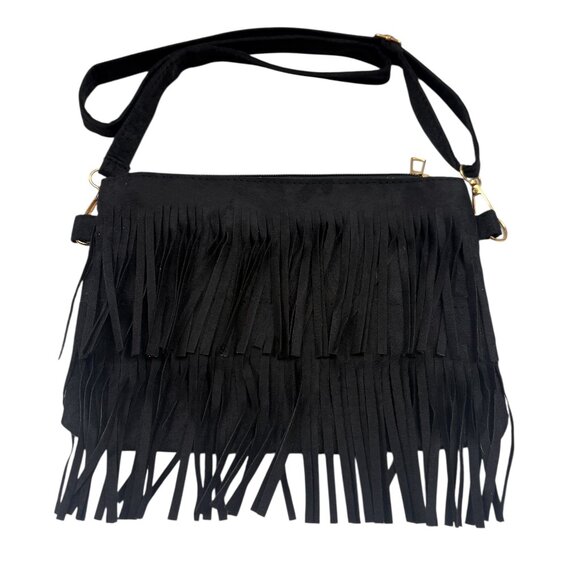 Trunkstar Handbags - Boho Chic Fringe/ Two Tiered Tassel Shoulder/ Crossbody Bag/ Purse - Black - NWT